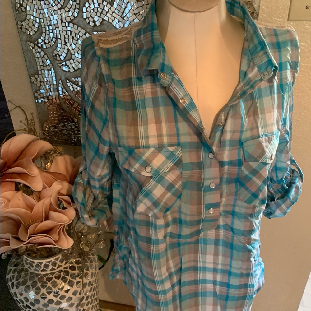 Love turquoise plaid top large